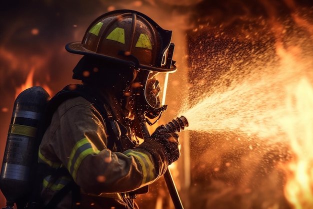 Bombero rociando la manguera en el fuego en el fuego con IA generativa