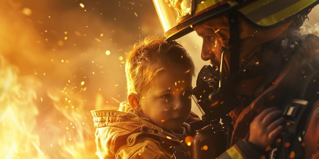 El bombero salva a un niño de un incendio