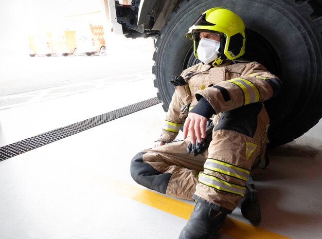 Bombero sentado junto a un camión con máscara y casco para protegerse del covid 19