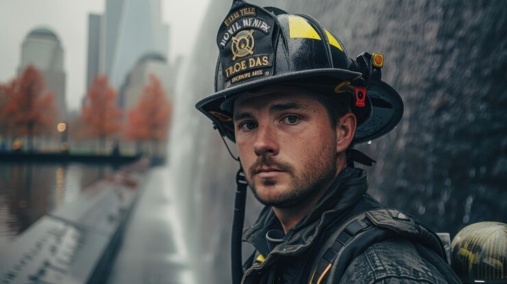 Un bombero se para solemnemente en un sitio conmemorativo con edificios de la ciudad y árboles de otoño