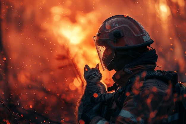 Un bombero sosteniendo un gato frente a un fuego ardiente Día internacional de los bomberos