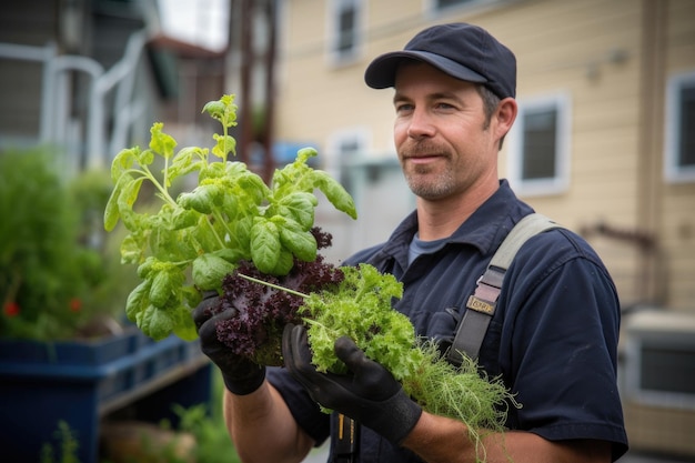 Un bombero sosteniendo una planta que crece en un jardín urbano creado con inteligencia artificial generativa