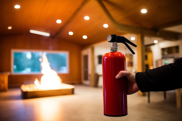 Foto un bombero sostiene un extintor rojo listo para combatir emergencias y garantizar la seguridad de las personas y las propiedades