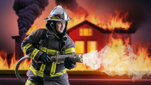 un bombero sostiene un fuego frente a una casa que tiene llamas saliendo de ella