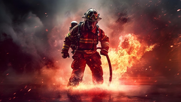 El bombero trabaja en el edificio en llamas bombero en la IA generativa de fondo de llama
