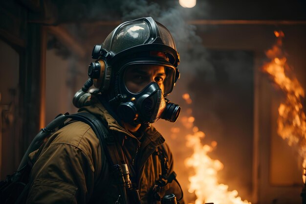 Un bombero en el trabajo, uniformado, con casco y máscara de oxígeno.