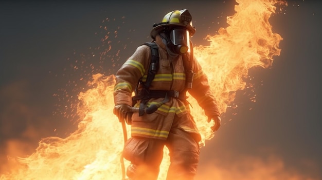 Un bombero con traje de fuego se para frente a un fondo negro.