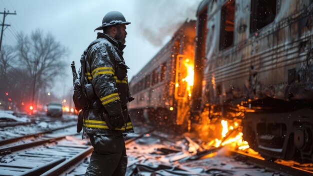 Foto bombero en un traje de protección y casco en el fondo de un tren en llamas