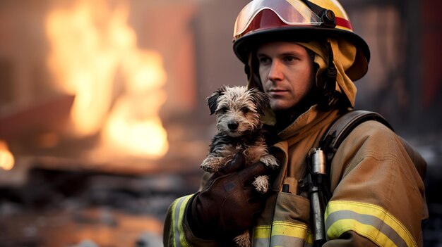 Un bombero con un traje de protección salva a un cachorro de una casa en llamas