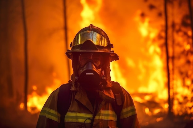 un bombero uniformado con casco y máscara protectora y al fondo de un incendio forestal