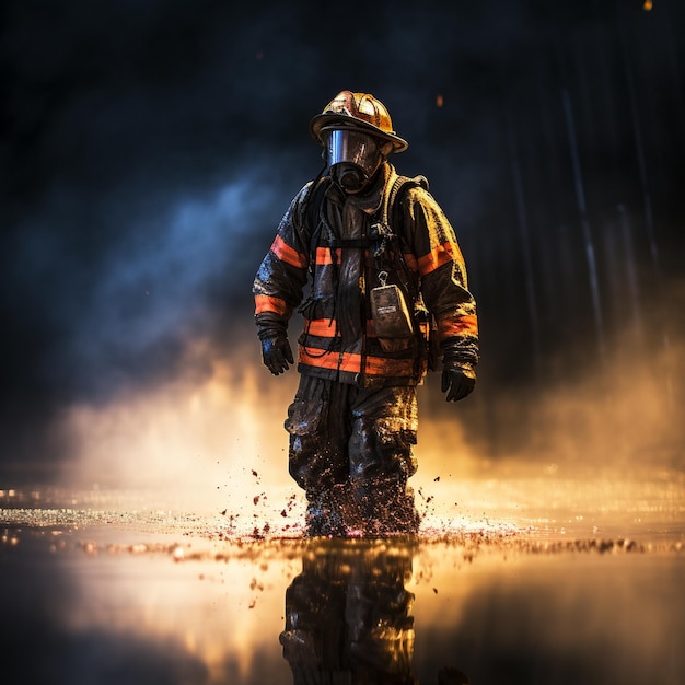 un bombero con uniforme de bombero se encuentra en un charco de agua.