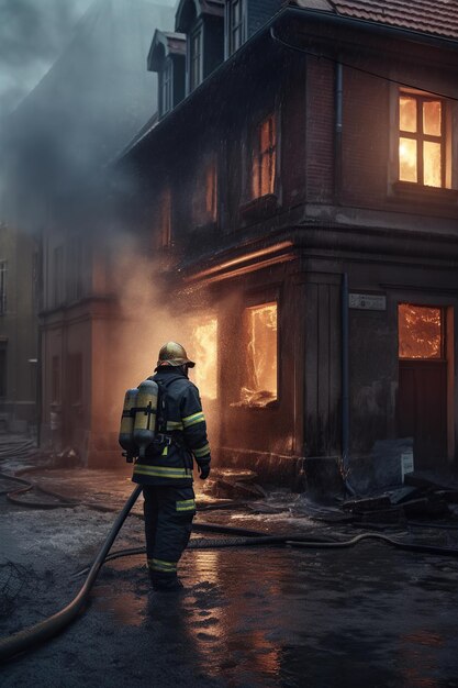 Bombero con uniforme profesional extingue la casa en llamas