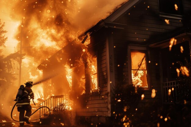 Foto un bombero usa una manguera para apagar el fuego