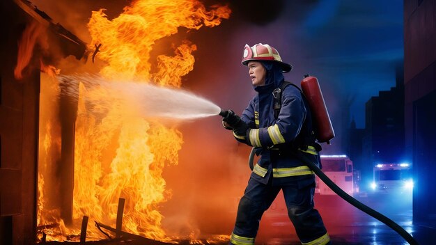 Bombero usando agua y extintor para luchar con la llama del fuego