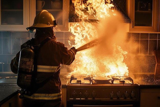 Foto un bombero usando una manguera para apagar un incendio