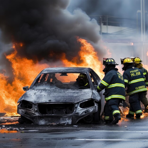 Bomberos en acción con fuego de accidente automovilístico calor de verano Generativo Ai