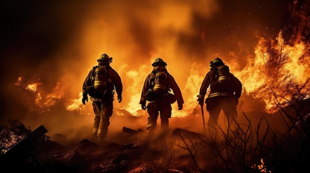 Los bomberos apagan un incendio en el bosque.