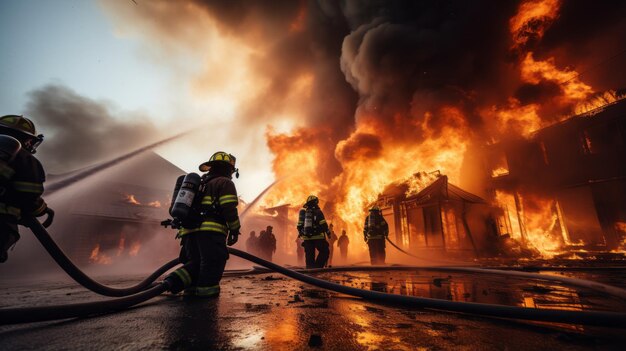 Bomberos apagando un incendio en una casa Grupo de bomberos apagando un incendio en un edificio