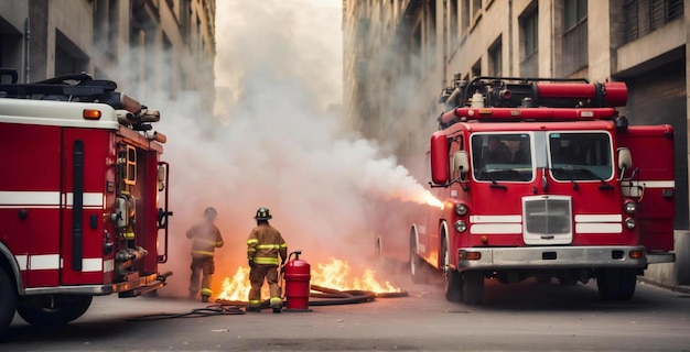 Foto los bomberos apagaron el incendio utilizando motores de bomberos generativos.