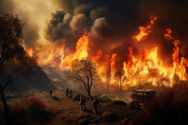 Bomberos ayudando con un incendio natural