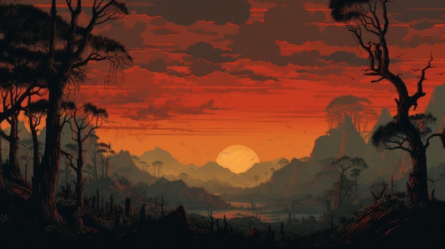 Bomberos del bosque seco tropical Retrotranscripción Pintura de puesta de sol de 8 bits