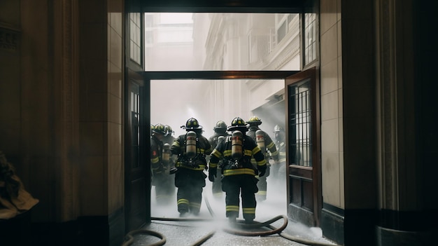 Los bomberos caminan por un edificio con las palabras bombero en la parte de atrás.