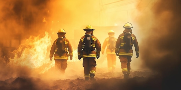 Bomberos caminando por un edificio en llamas con llamas saliendo de sus espaldas.