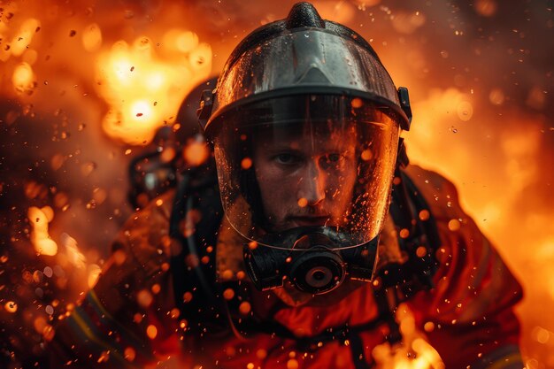 Bomberos con casco y máscara de gas