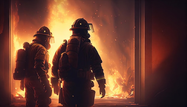 Bomberos combatiendo un incendio en un edificio en llamas Bomberos combatiendo un incendio IA generativa