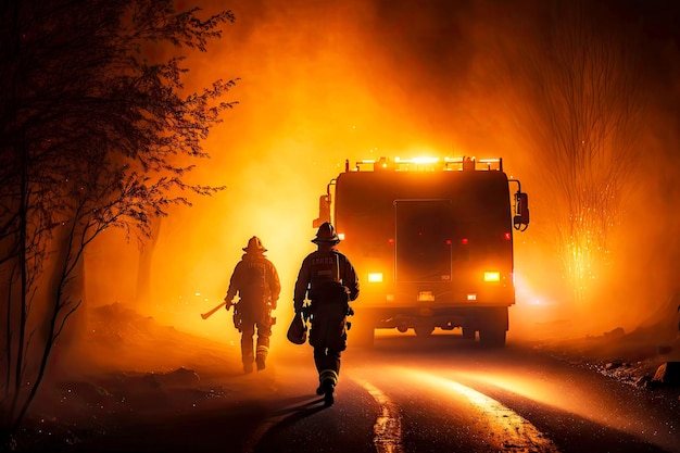 Bomberos combatiendo un incendio en la noche iluminado por llamas y luces de vehículos de emergencia