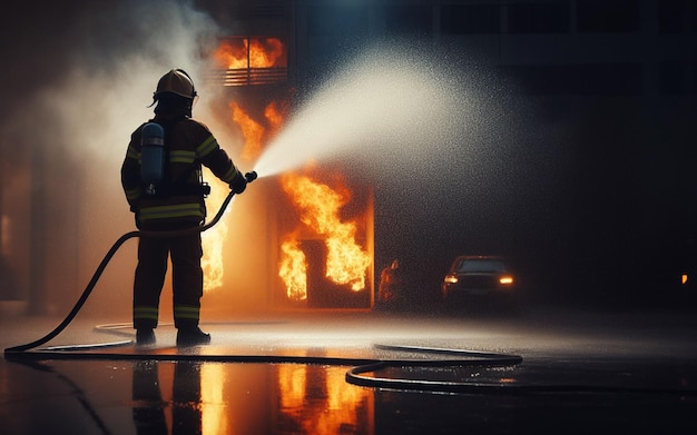 Foto bomberos en el edificio de incendios apagando incendios bomberos rociando agua en los incendios héroes