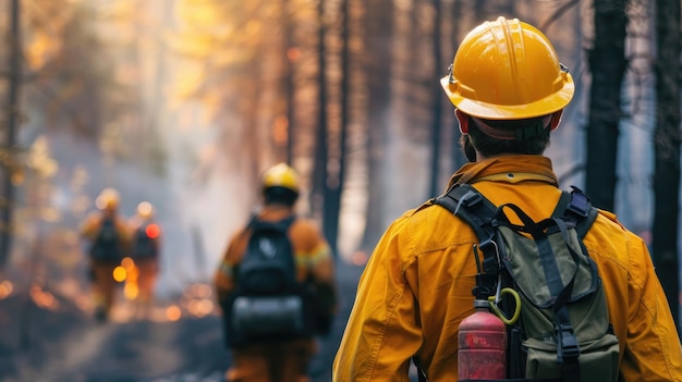 Foto bomberos con equipo de protección extinguiendo incendios forestales