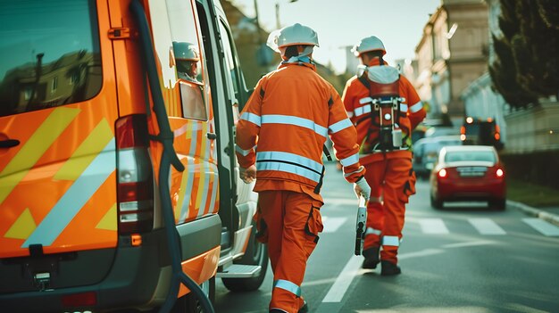 Los bomberos con equipo de protección responden a una emergencia llevan equipo y caminan hacia el fuego.