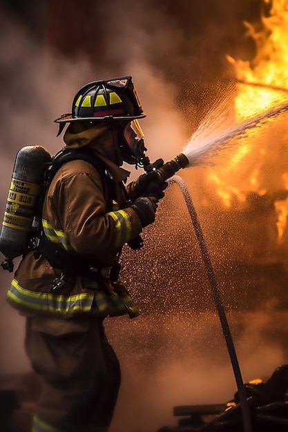 Los bomberos están combatiendo un incendio con una manguera y una manguera de agua con ai generativo.