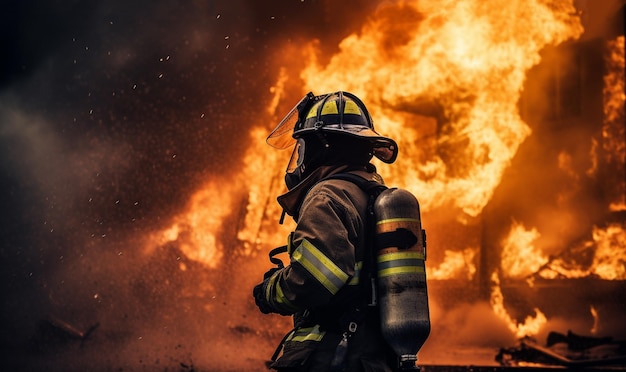 Los bomberos extinguen un incendio Usando el extintor de incendios tipo niebla de agua Twirl para luchar con el