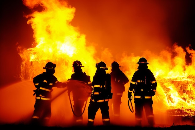 Foto bomberos extinguiendo un enorme incendio en una instalación industrial que está ardiendo rescatando a personas que luchan