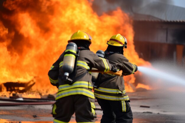 Bomberos extinguiendo un enorme incendio en una instalación industrial que está ardiendo rescatando a personas que luchan