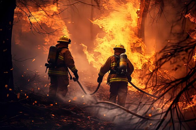 Foto bomberos extinguiendo el incendio en el lugar imagen generada por tecnología ai