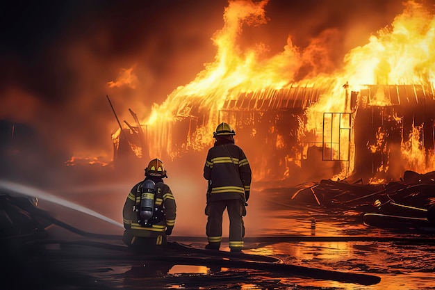 Foto bomberos extinguiendo el incendio en el lugar imagen generada por tecnología ai