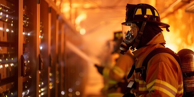 Foto los bomberos luchan contra el incendio del centro de datos que resulta en un tiempo de inactividad no planificado y destrucción del servidor concepto centro de datos emergencia esforzos de extinción de incendios tiempo de inactive no planificado destrución del servidor