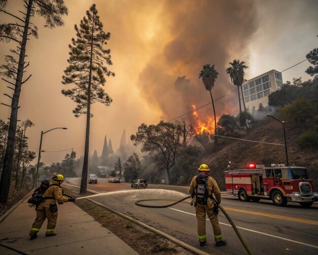 Los bomberos luchan contra un incendio masivo en las colinas de Los Ángeles Generative AilandscapeGenerative Ai
