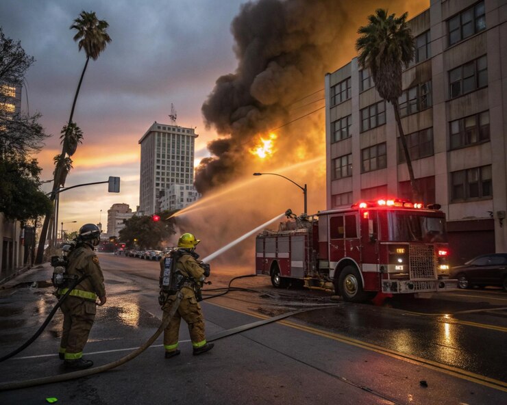 Los bomberos luchan contra un incendio masivo en las colinas de Los Ángeles Generative AilandscapeGenerative Ai