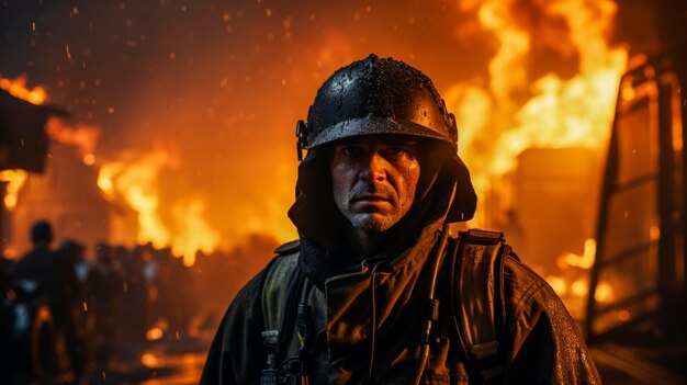Foto los bomberos luchan contra las llamas en la oscuridad de la noche.