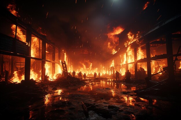 Bomberos luchando contra un incendio en un edificio en llamas con llamas y humo