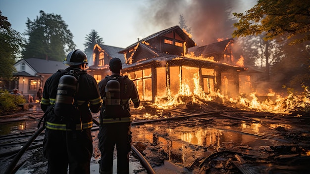 un bomberos en el lugar de un incendio en una casa