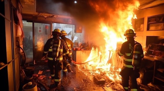 Bomberos de pie frente al fuego