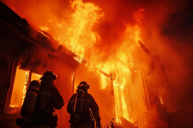 Los bomberos de pie frente a un incendio