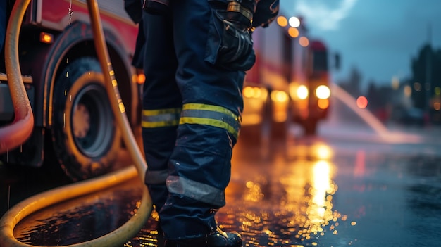 Bomberos que utilizan extintor y agua de la manguera para la extinción de incendios en el combate de incendios