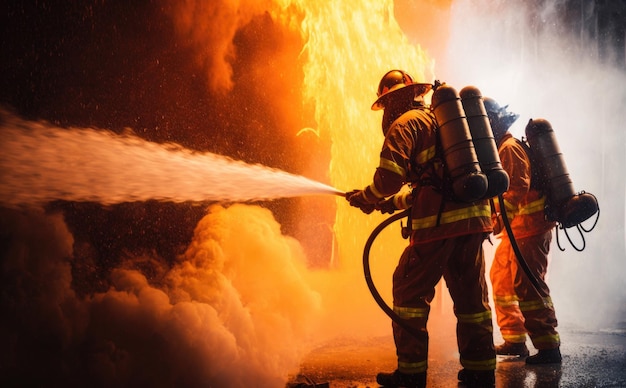 Bomberos que utilizan el extintor de incendios tipo niebla de agua Twirl para combatir con llamas de fuego IA generativa