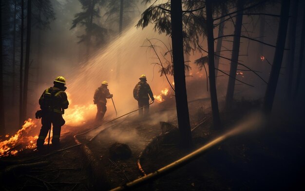 Los bomberos rocian agua a los incendios forestales